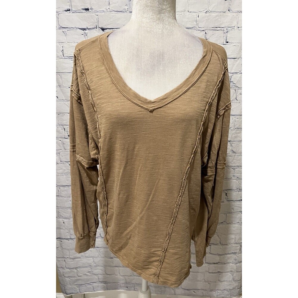 Talulah Anthropologie Tan Oversized V- Neck Long Sleeve Pullover Top Small